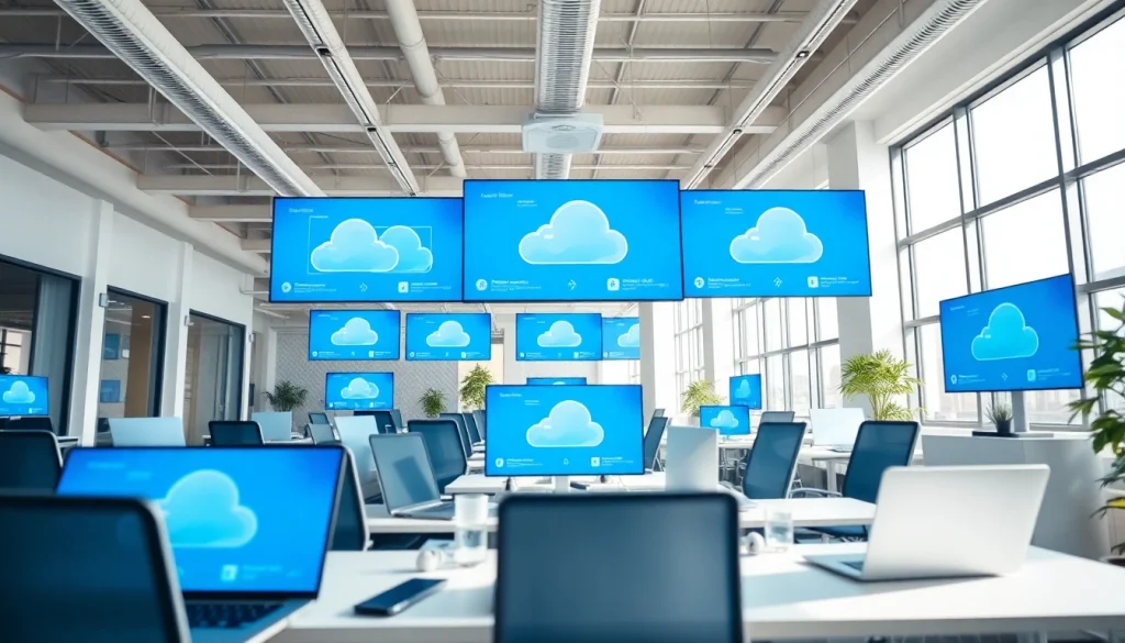 Visualize SaaS cloud computing in a modern workspace with dynamic technology displays.