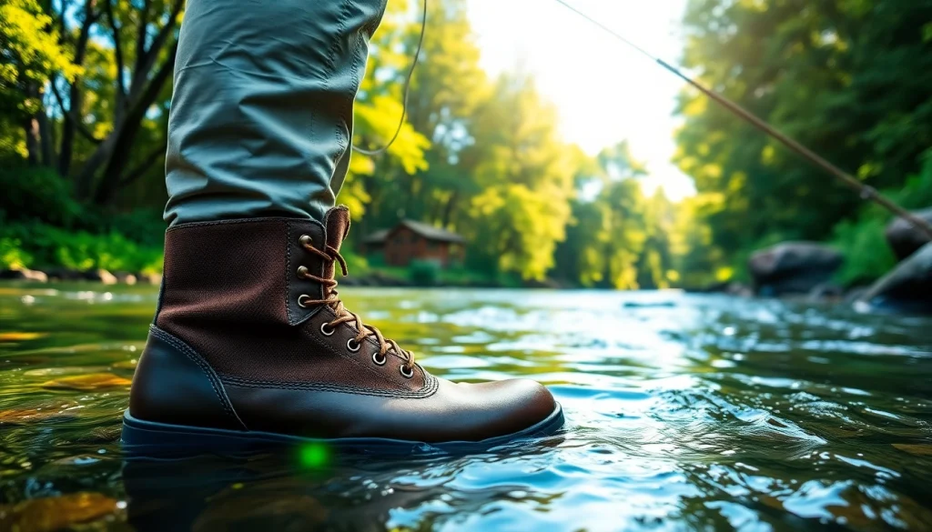 Wearing high-performance fly fishing boots, an angler casts in a lush river environment.