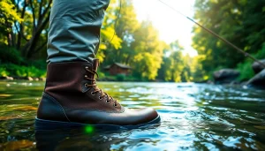 Wearing high-performance fly fishing boots, an angler casts in a lush river environment.