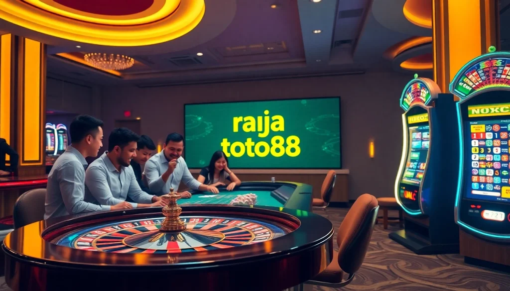 Experience the thrill of raja toto88 with vibrant gambling action at a luxurious casino table.