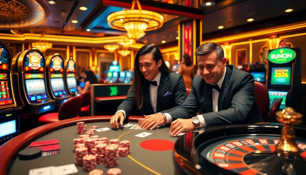 Players enjoying high-stakes games at MM88 casino, showcasing poker and slots excitement.