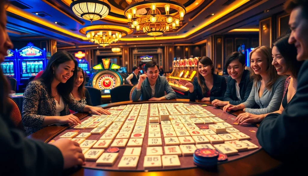 Engage in link mahjong at a luxurious casino table surrounded by enthusiastic players and vibrant gambling elements.