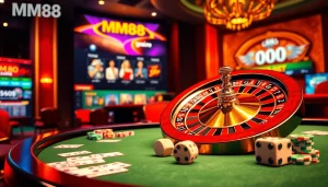 Engaging casino scene showcasing MM88 gambling excitement with roulette, poker chips, and online interface.