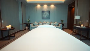 출장마사지 in a luxurious hotel room setting with an elegant massage table for relaxation.