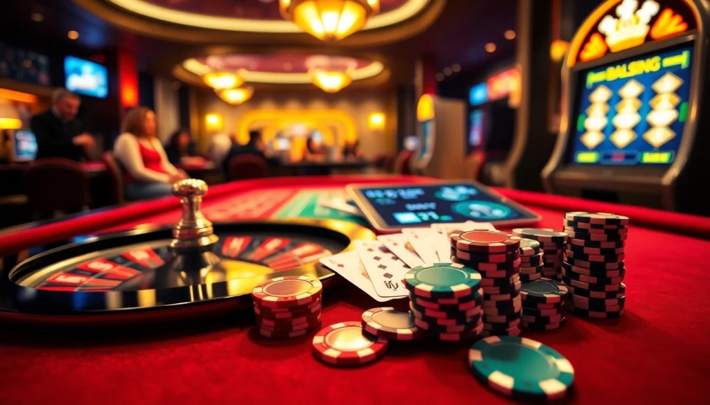 okwin players experience thrill at a luxurious casino table with vibrant chips and cards.