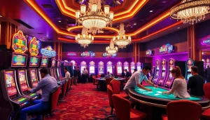 Para pemain merasakan kemenangan mendebarkan di mesin slot deposit pulsa dalam lingkungan kasino mewah.