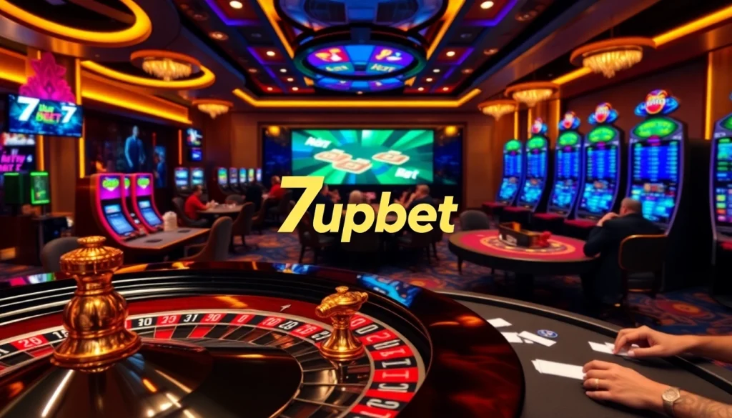 Players enjoying a vibrant casino scene at 7upbet, featuring roulette and poker.