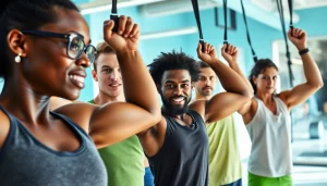 Group fitness enthusiasts using pull-up assist bands in a vibrant gym setting.