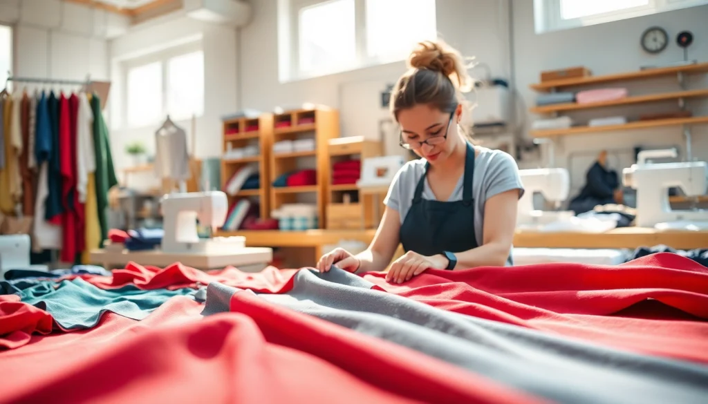 Vibrant stretch stoffen being used by a skilled seamstress in a sunlit workshop.