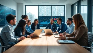 Analyzing competitive intelligence with a professional team in a modern office.