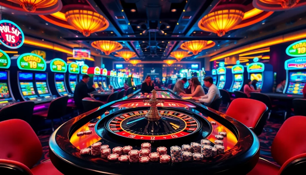 Players enjoying the excitement of the roulette table at hay.win casino, surrounded by vibrant slot machines.