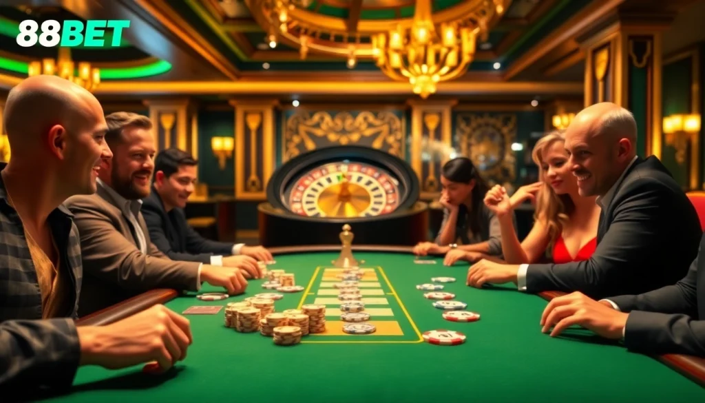 Players enjoy a thrilling game at the F8BET poker table in a luxurious casino environment.