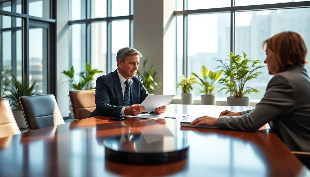 Eminent domain lawyer advising clients in a professional office setting.