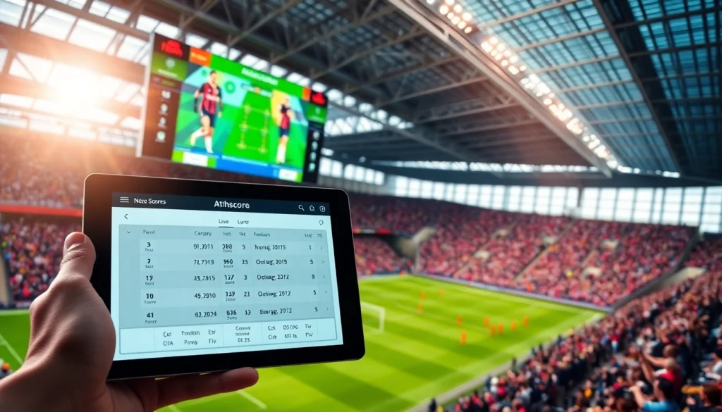 Engaging scene of live football scores on a tablet highlighting ผลบอลthscore amidst a stadium atmosphere.