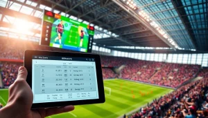 Engaging scene of live football scores on a tablet highlighting ผลบอลthscore amidst a stadium atmosphere.
