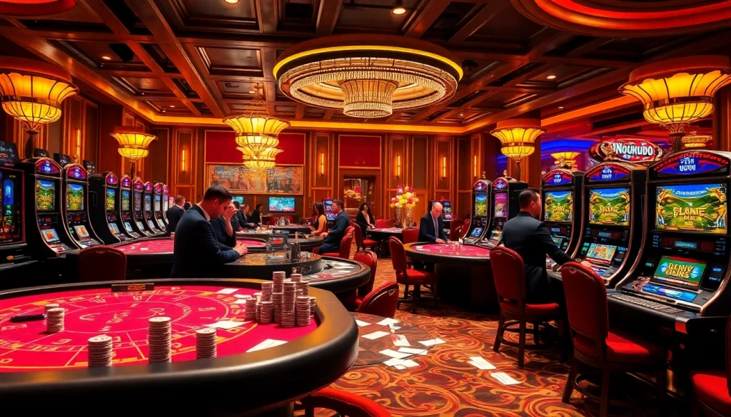 Players enjoying the thrilling casino experience at NOHU90 with vibrant tables and exciting games.