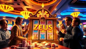 Players celebrating wins at the Zeus slot, surrounded by vibrant casino elements and golden thunderbolts.