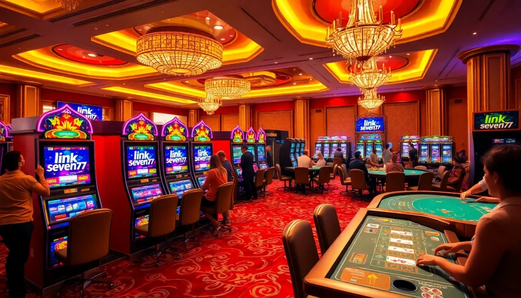 Excited players at luxury casino machines featuring link seven77, showcasing vibrant slots.