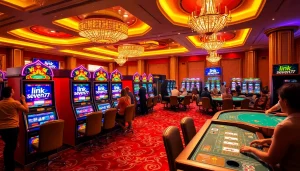 Excited players at luxury casino machines featuring link seven77, showcasing vibrant slots.