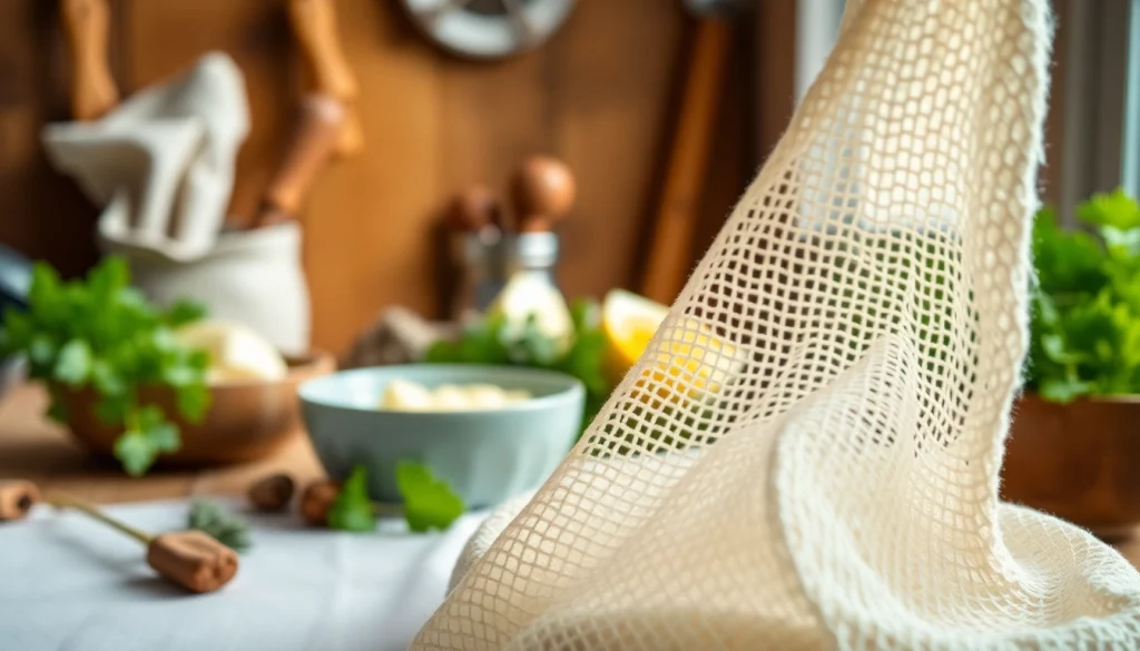 Straining cheese with a kaasdoek in a bright kitchen, highlighting its texture and usability.