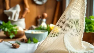 Straining cheese with a kaasdoek in a bright kitchen, highlighting its texture and usability.