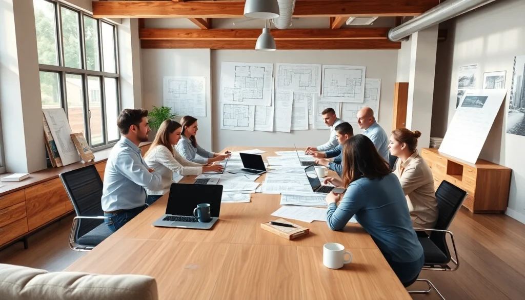 Collaborative scene of builders discussing strategies for the Texas association of builders.