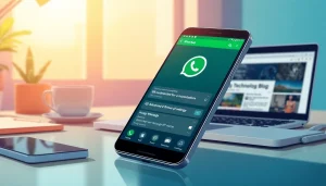 GBWhatsApp interface on a smartphone in a modern workspace, showcasing customization features.