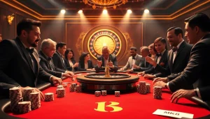 Intense poker game at MK8 casino showcasing high-stakes excitement with vibrant chips and roulette.