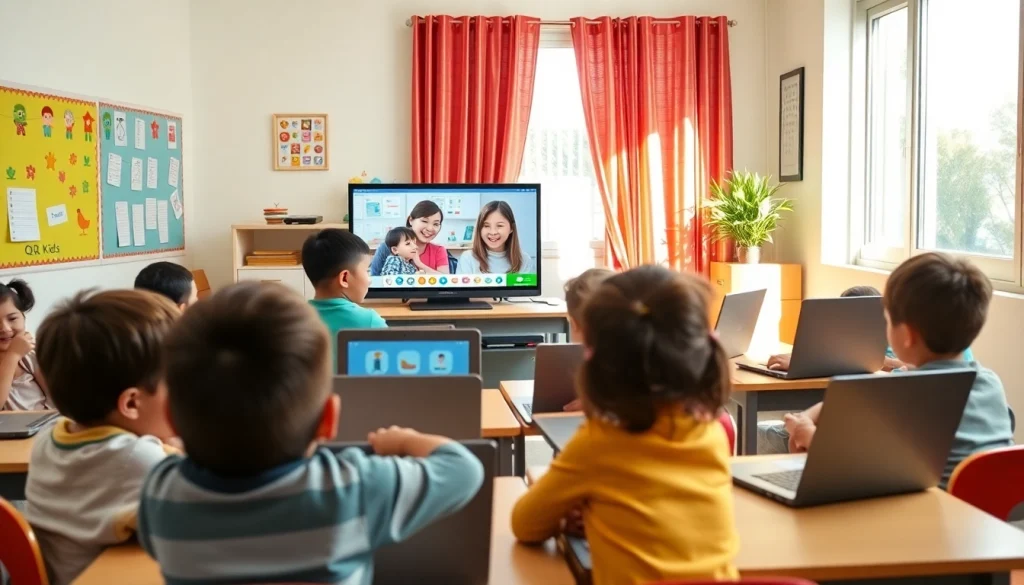 QQキッズ 無料体験の英語レッスンに参加する子どもたち。カラフルな教室で笑顔でオンライン学習をしている様子。