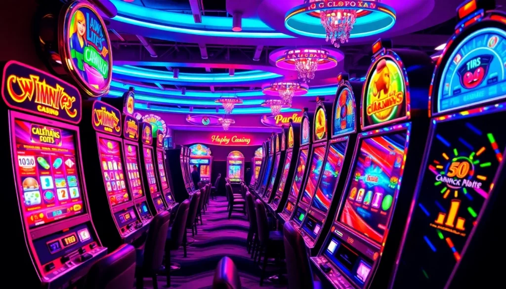 Menangkan slot depo 1k dengan suasana kasino yang meriah menampilkan mesin slot berkilau.