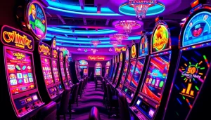 Menangkan slot depo 1k dengan suasana kasino yang meriah menampilkan mesin slot berkilau.