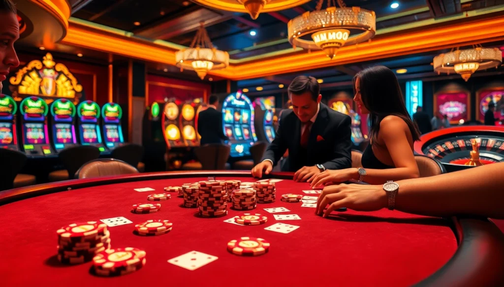 Gamblers playing poker with MMOO-themed chips in a lavish casino setting.