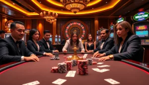 Experience high-stakes gameplay at MK8.COM with a luxurious casino atmosphere featuring poker tables and slot machines.
