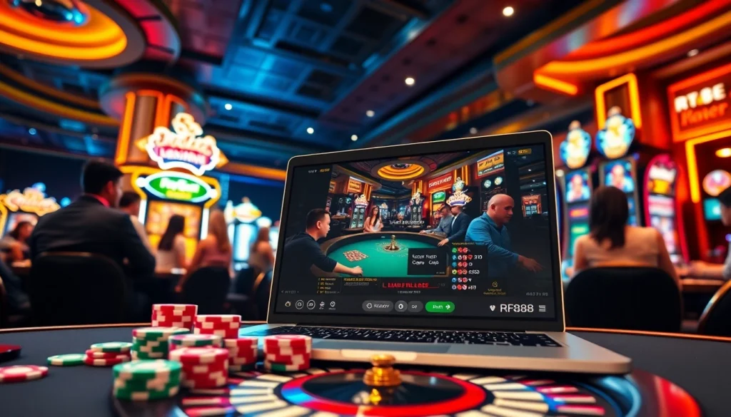RR88 live casino experience with engaging players, poker chips, and a vibrant roulette wheel.