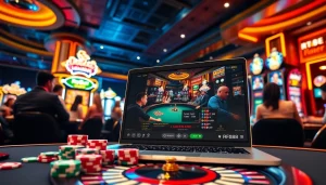 RR88 live casino experience with engaging players, poker chips, and a vibrant roulette wheel.