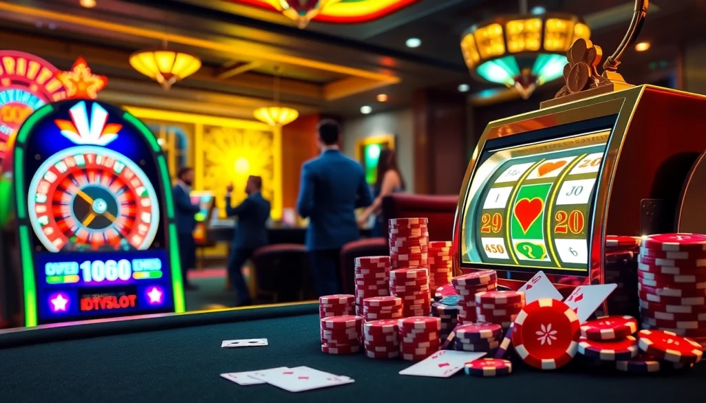 Engaging casino scene with slot machine, poker chips, and cards representing idnslot gaming excitement.