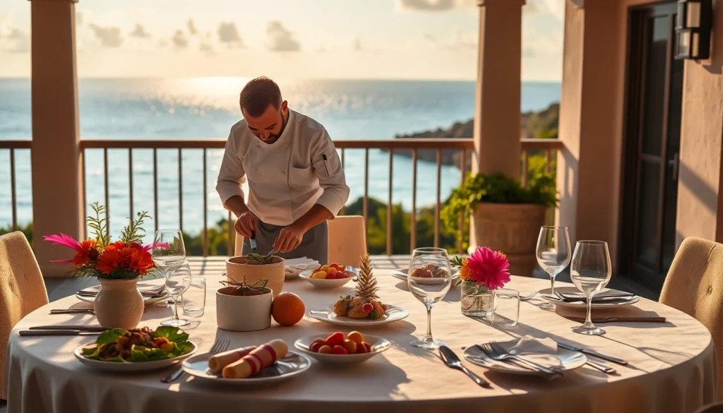 Private chef St Martin preparing gourmet cuisine in a luxurious villa with ocean views.