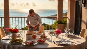 Private chef St Martin preparing gourmet cuisine in a luxurious villa with ocean views.