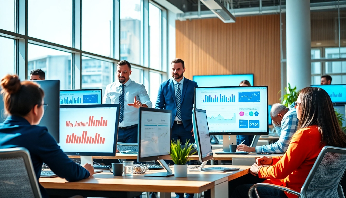 Collaborative professionals using enterprise search platforms in a modern office.