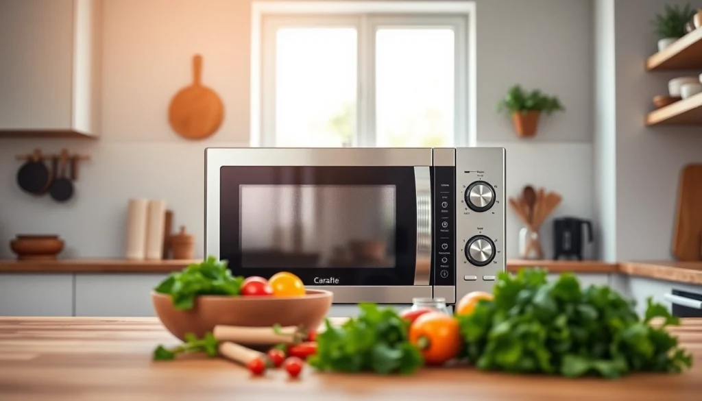 Showcasing a sleek, modern Microwave Oven in a bright kitchen with vibrant ingredients.