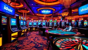 Engaging casino scene featuring idnslot slot machines and poker tables filled with excitement.