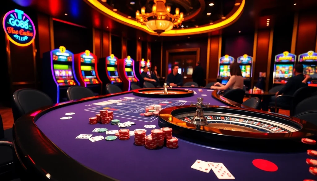 Engaging players enjoying a vibrant gaming scene at https://go88casino.pro/ with poker chips and roulette wheel.