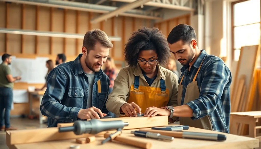 Engaged participants in construction craft training working on a woodworking project.