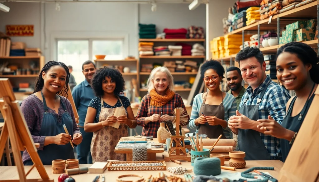 Adults participating in craft training programs in a lively workshop setting, showcasing creativity and collaboration.