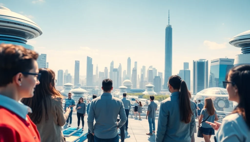 Zrozumienie suwerenność AI poprzez futurystyczną ilustrację interakcji ludzi z technologią.