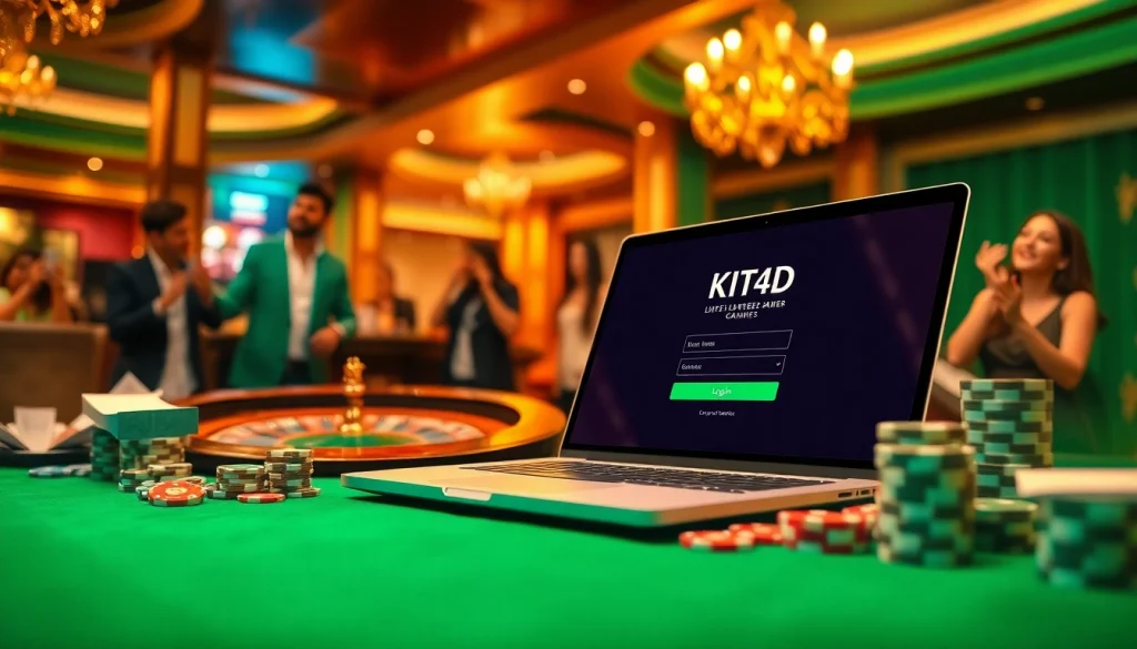 Nikmati permainan yang mendebarkan dengan login KIT4D, menampilkan suasana kasino yang seru dipenuhi chip poker dan roda roulette.