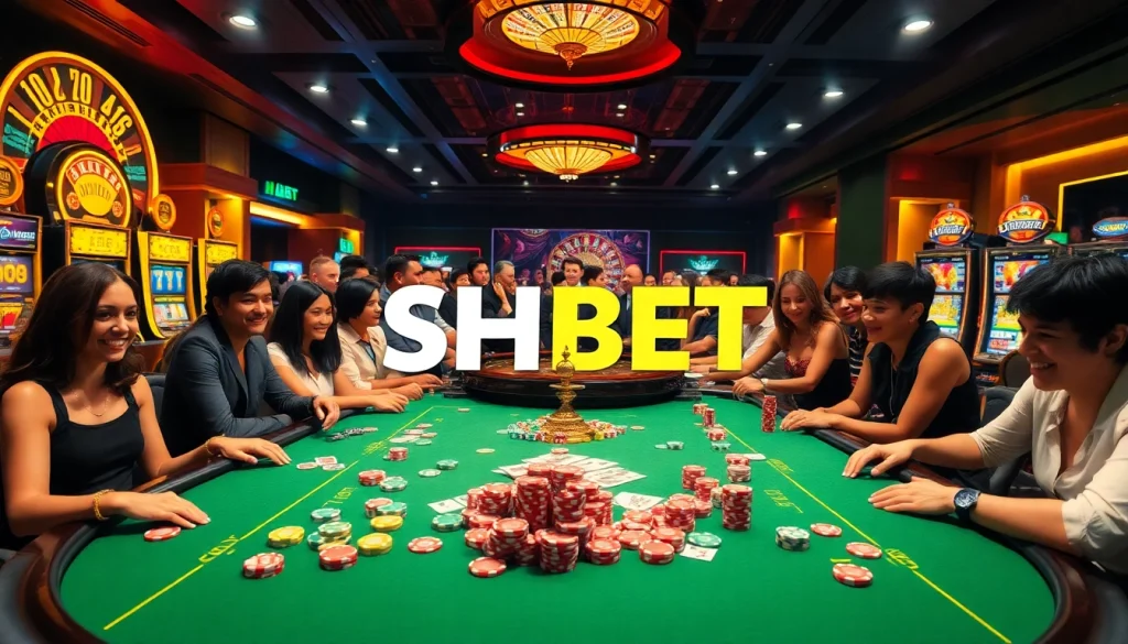 SHBET players engage in thrilling poker games and vibrant casino atmosphere.