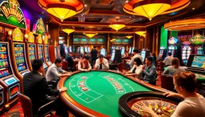 Découvrez l'excitation du meilleur casino en ligne avec des joueurs animés profitant de jeux à des tables de luxe.