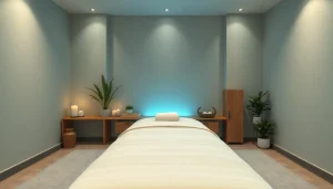 차분한 장식과 아늑한 조명이 있는 스웨디시 마사지 치료실.