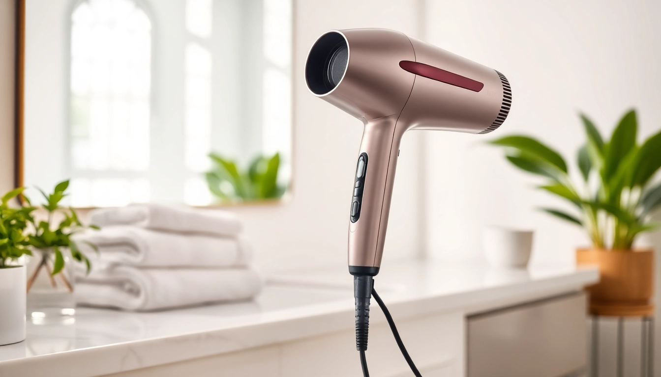 Achieve sleek hairstyles with this Hair dryer for frizzy hair in a stylish bathroom setting.